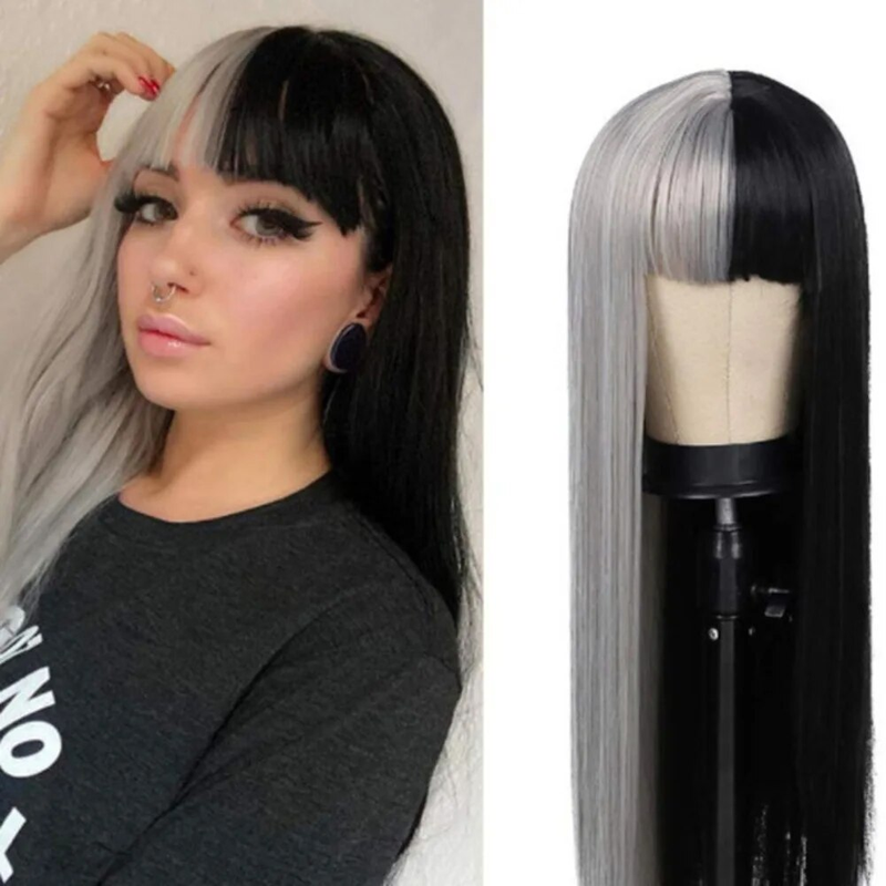 Syntetisk paryk kvinders lange glatte hår sort og gråt dobbelt tone syntetisk fiber pandebånd lolita anime cosplay_voghion.com