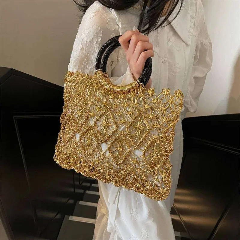 Handmade Woven Design Round Handle Handbags For Women Eco-Friendly Craft Paper Hollow-Out Designer Top-Handle Bags Bag_voghion.com