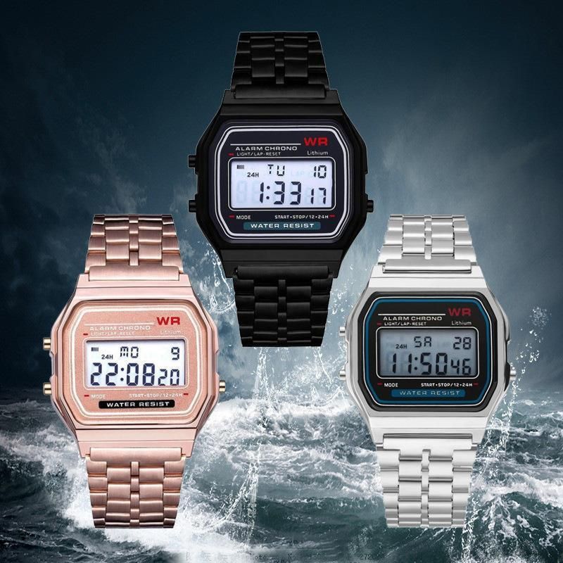 Relógios masculinos Led Relógio eletrônico Pulseira de aço Relógio da moda Relógio eletrônico multifuncional_voghion.com