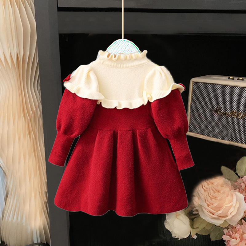 Mädchen 2023 Herbst/Winter Neue kinder Modische Verdickte Prinzessin Kleid Internet Rot Kleines Mädchen Pullover_voghion.com