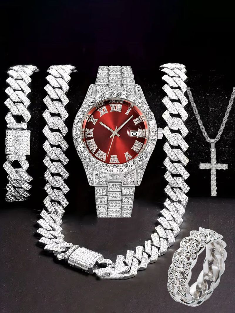 Orologio Hip Hop tempestato di diamanti, composto da cinque pezzi, con collana a croce a forma di diamante e anello cubano._voghion.com