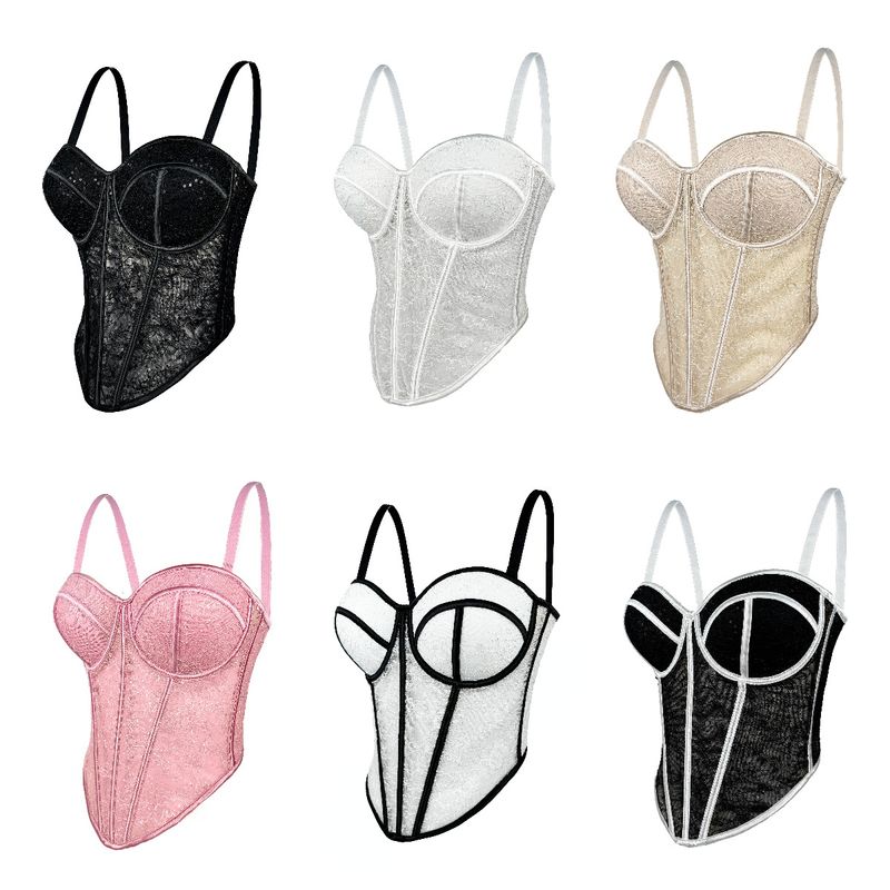 Women's Clothing New Slim Sexy See Through Mesh Vest Suspender Low Cut Contrast Color Waist Slim Breathable Body Shaping Fishbone Bra_voghion.com