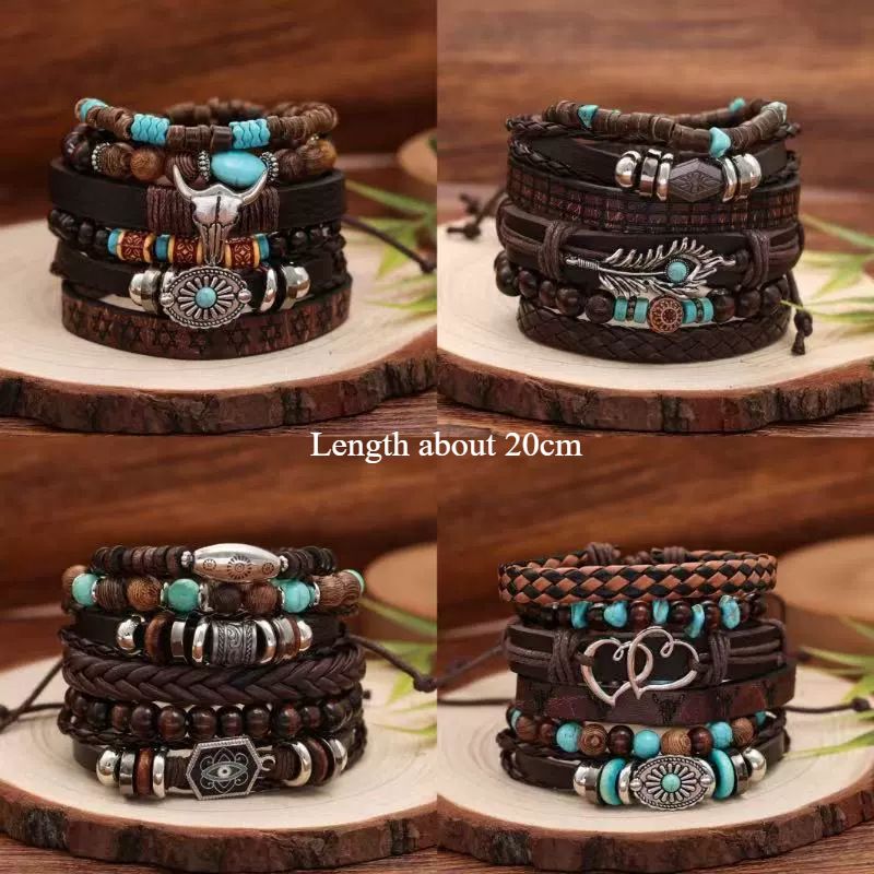 Mehrschichtiges, handgewebtes Armband mit Retro-Blumen und Pfauenfedern in Herzform aus Holzperlen_voghion.com