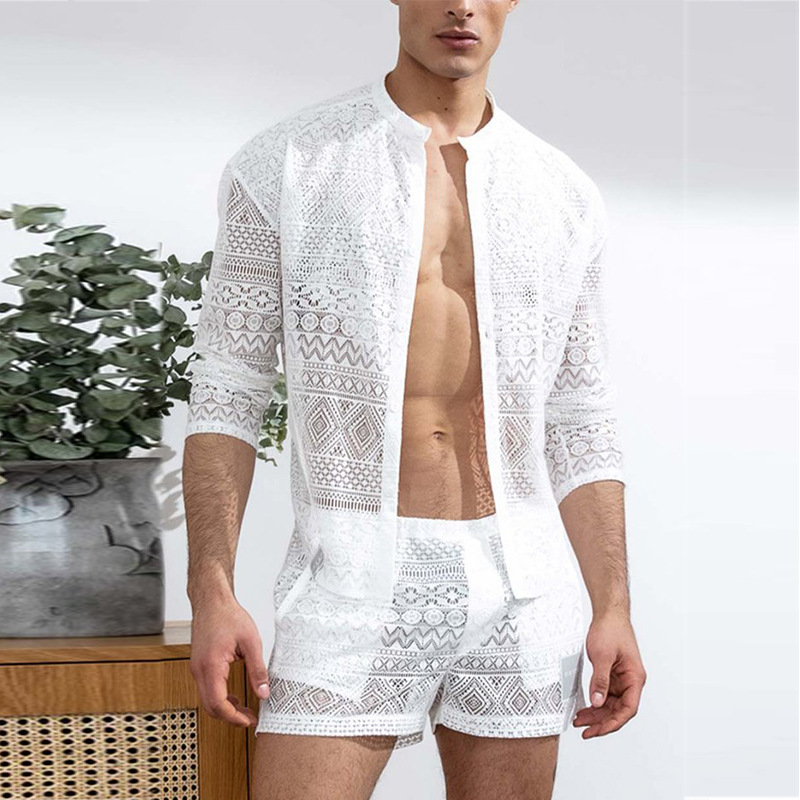 Set di due pezzi di pantaloncini casual a maniche lunghe in pizzo sexy scavato alla moda da uomo estivo 2022_voghion.com