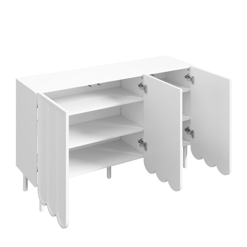 Buffet blanc moderne avec portes ondulées, 120 x 35 x 80 cm, design sans poignées, étagères réglables, meuble de rangement pour salon, couloir et salle à manger._voghion.com