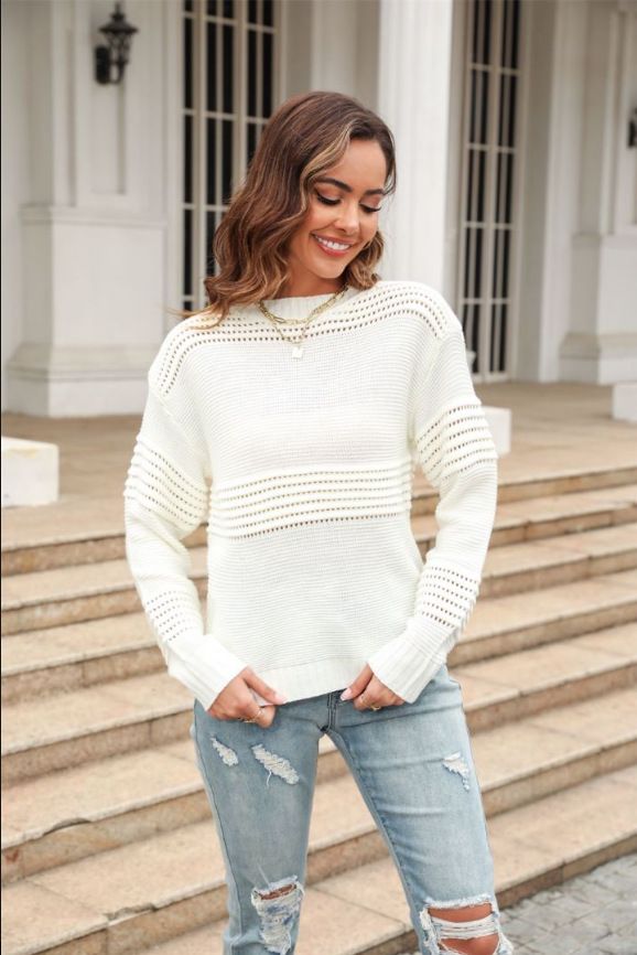 Essential Ribbed Knit Sweater – Long Sleeve Crewneck Pullover (Streetwear Minimalist, Hollow-Out Detailing, Euro-US Cross-Border Fit)_voghion.com
