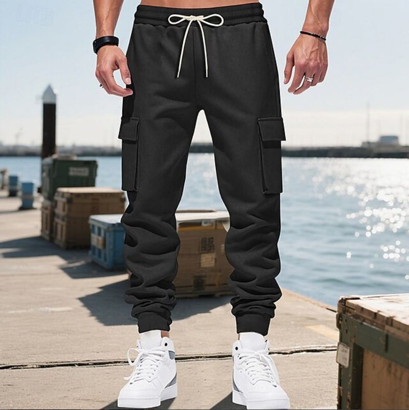 Pantalon de jogging cargo pour homme avec taille élastique et cordon de serrage - Pantalon décontracté multi-poches pour l'entraînement, la course et le quotidien (noir, rouge)_voghion.com
