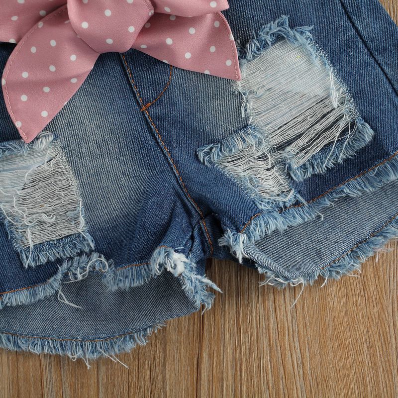 Mother & Kids Abbigliamento per bambini per ragazze del commercio estero, maglietta a maniche corte con collo rotondo con palline di pelo bianco, pantaloncini di jeans strappati, abito estivo per ragazze_voghion.com