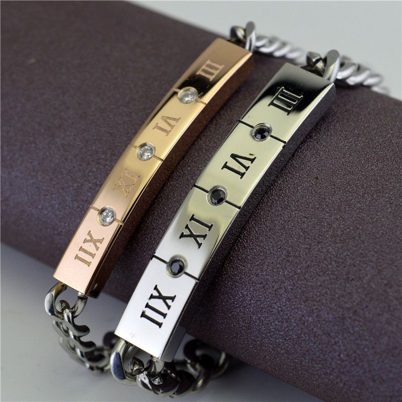 Braccialetti di coppia con numeri romani, da uomo e da donna, in acciaio al titanio, con diamanti intarsiati, gioielli da mano B015_voghion.com