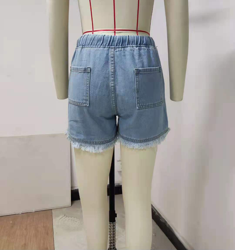 Pantaloncini in denim snellenti a vita alta con coulisse e elastico in vita da donna_voghion.com