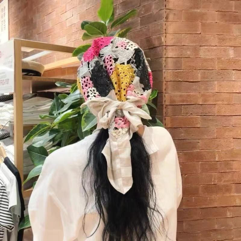 Damen 2025 Neu, Stroh Sommerblumenstickerei, Quadratischer Bandanahut, Dreieckstuch, Sonnenhut_voghion.com