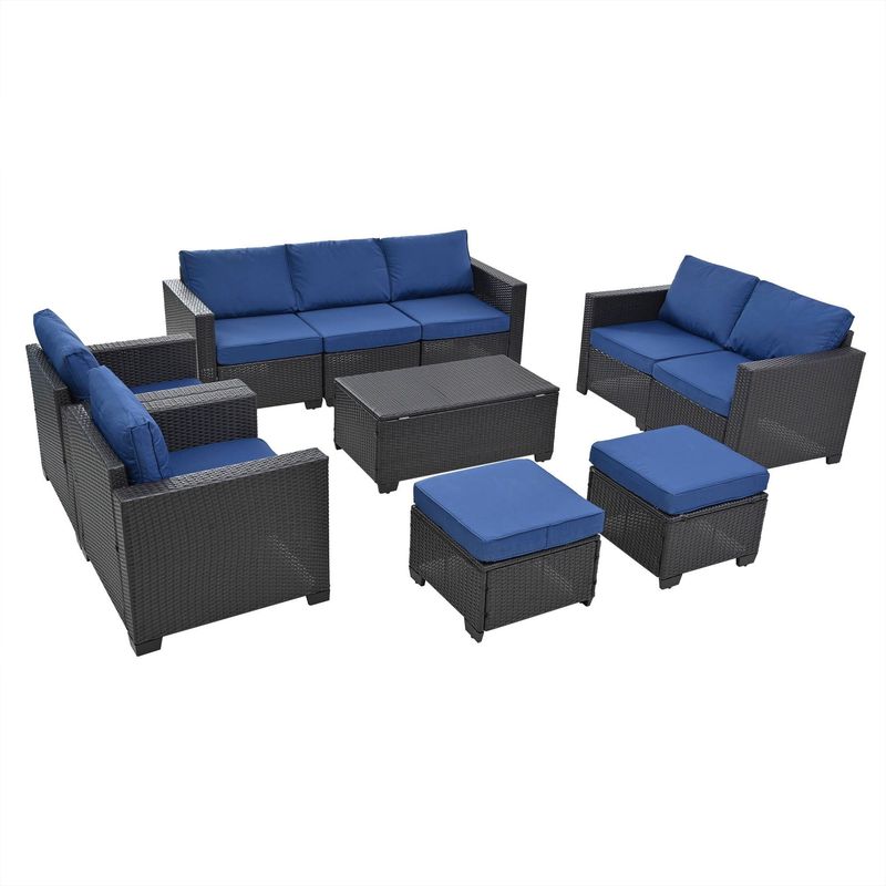 10 Piece PE Rattan Patio Furniture Set, Sectional Sofa Set, Outdoor Patio Furniture Set With Cushions & Tempered Glass Coffee Table_voghion.com