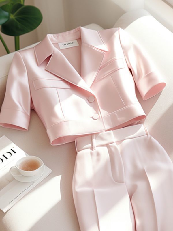 Damenbekleidung Sommerkleidung Mode, High-End-Profi, kleiner Duftstil, rosa Oberteil und Hosenanzug_voghion.com