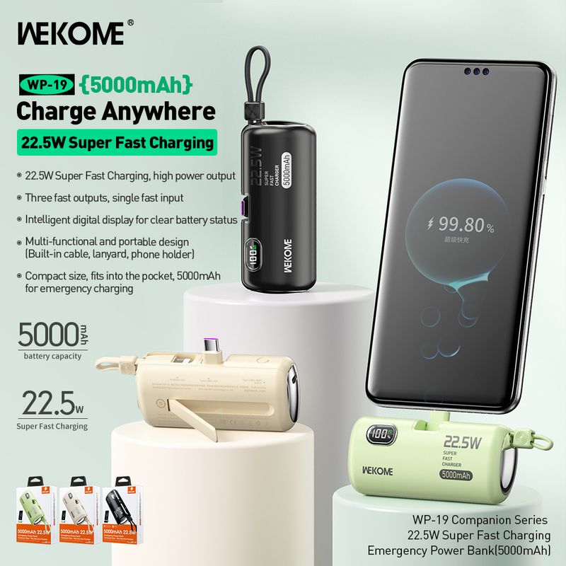WEKOME 5000 mAh Mini-Powerbank mit integriertem Kabel, 22,5 W Schnellladung, ultra-tragbarer externer Akku im Taschenformat_voghion.com