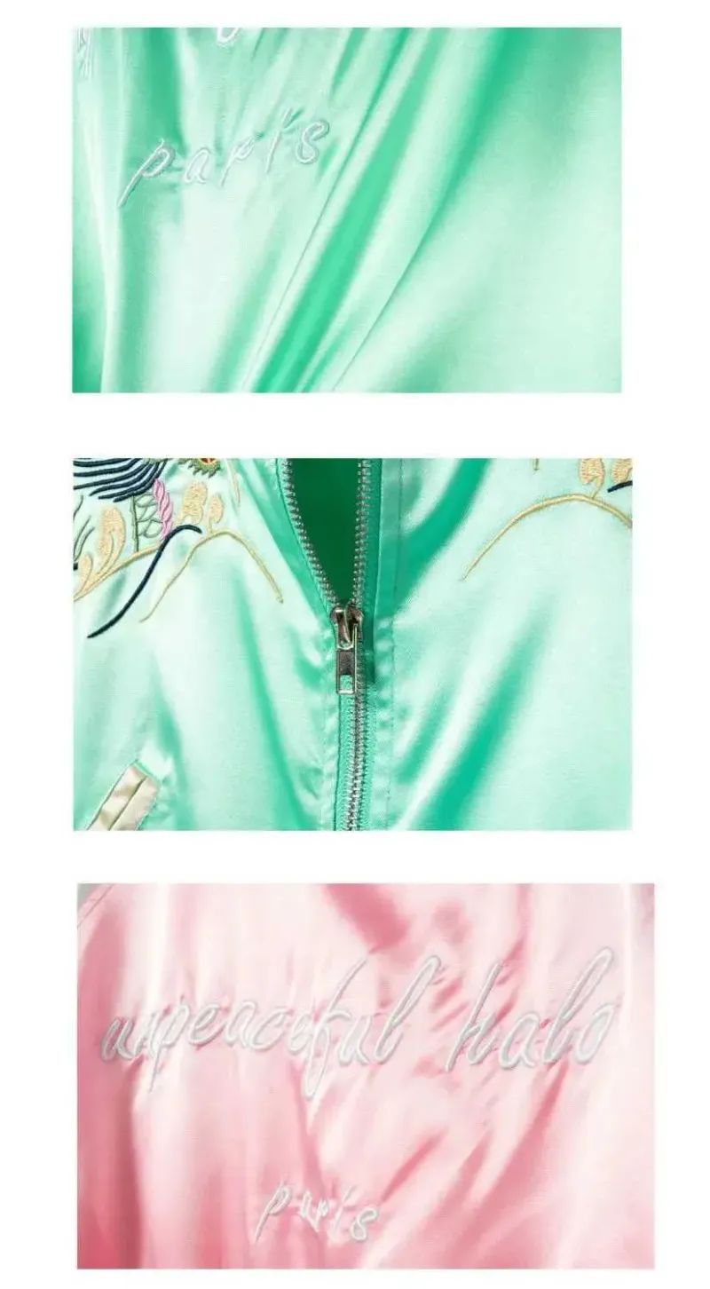 Japanese Varsity Jacket, Embroidered Style: Men's Satin Bomber With Dragon Design, Haruku Inspired, Double Zipper,_voghion.com