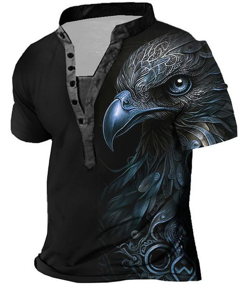 2025d 2025 Summer New Men's Digital Print Turtle Map Youth 6-Button Henley Short Sleeve Shirt_voghion.com