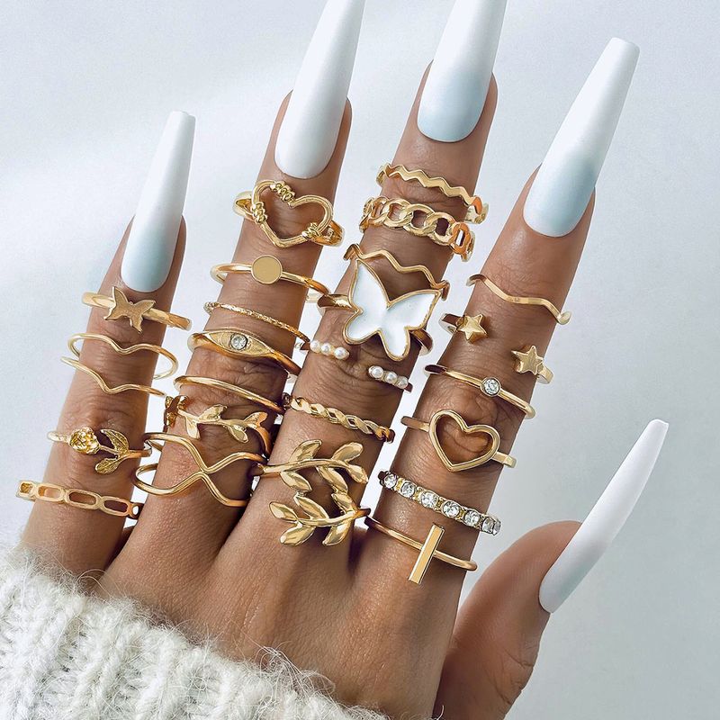 Nuevo anillo versátil de moda con forma de corazón y hoja, con personalidad geométrica, apilable, para nudillos, conjunto de varias piezas_voghion.com