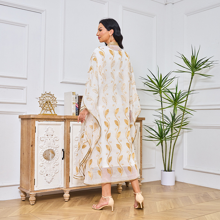 Damenmode Baumwollgarn bestickt Goldband muslimische Robe Weste zweiteiliges Set Abaya Kleid_voghion.com