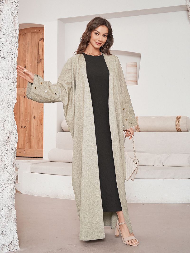 Damenbekleidung, elegantes, besticktes, herzförmiges Muster, langes muslimisches Kleid im Cardigan-Stil, modisches Polyestergewebe, zweifarbige Robe_voghion.com