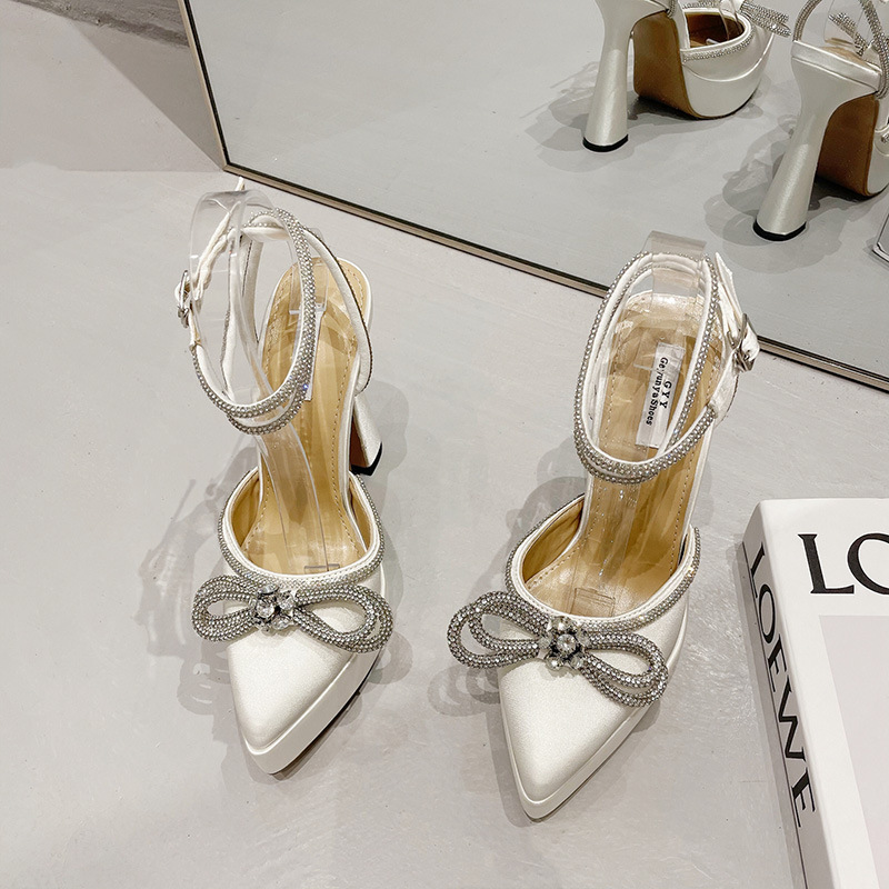 Damen neue modische Strass-Schleife, französischer spitzer Zehenbereich, hohle Plateau-High-Heels_voghion.com