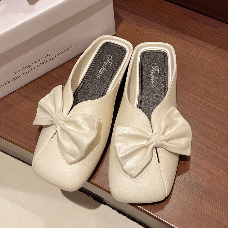 Sandales à nœud papillon Wo, vêtements d'extérieur, nouvelle mode été 2025, pantoufles plates à bout carré de style coréen polyvalentes pour_voghion.com