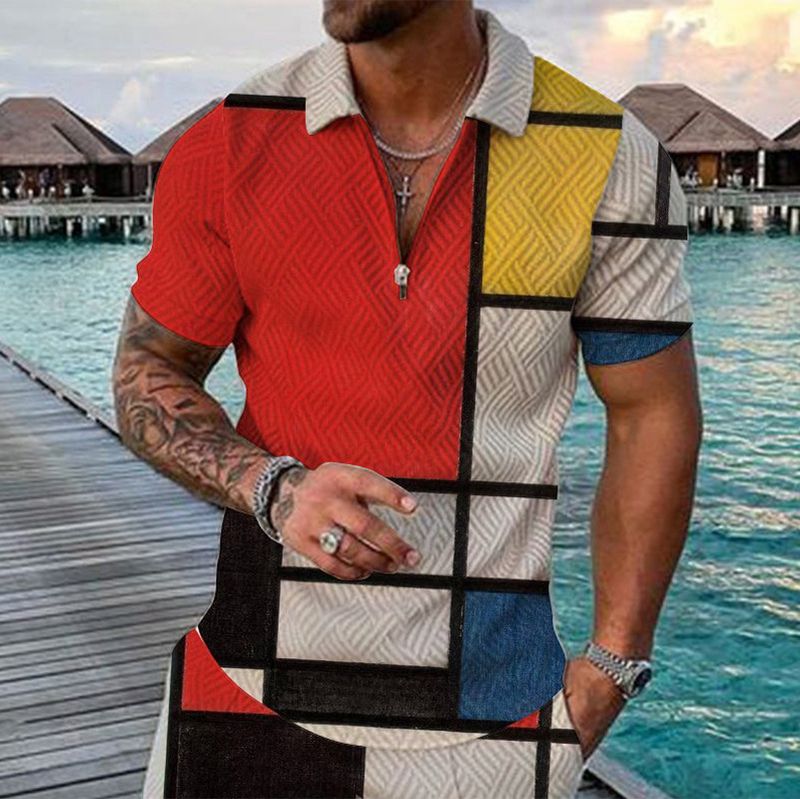 Set da 2 pezzi da uomo, motivo a pois rossi, comoda polo con zip alla moda e pantaloncini con coulisse in vita_voghion.com