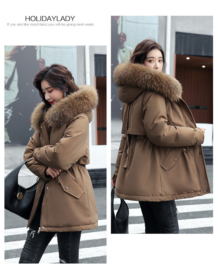 Ropa de mujer Chaqueta de invierno de mujer de algodón de longitud media con cuello de piel sintética, talla grande, cintura y pantalón corto._voghion.com
