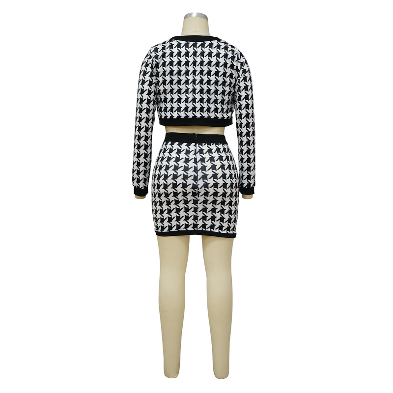 Damen-Langarm-Cardigan-Weste, Wickel-Hüftrock, bedrucktes dreiteiliges Set_voghion.com
