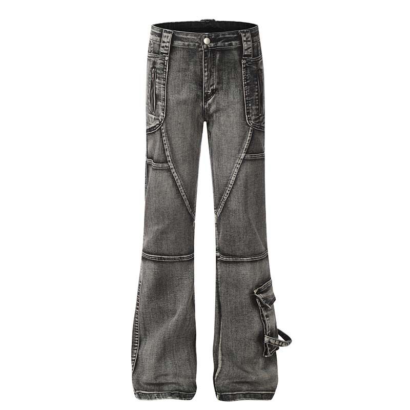 Jeans cargo patchwork effetto consumato da uomo e da donna – Pantaloni in denim oversize a zampa con orlo grezzo (S-L, nero)_voghion.com