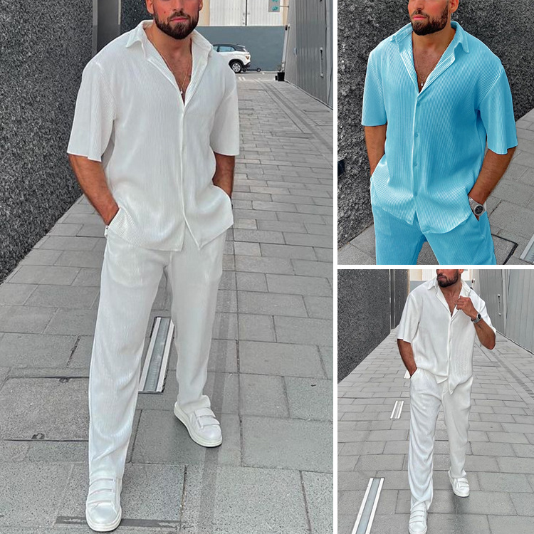 Men's casual loose fitting beach outfit, solid color striped short sleeved set, men's shirt two-piece set_voghion.com