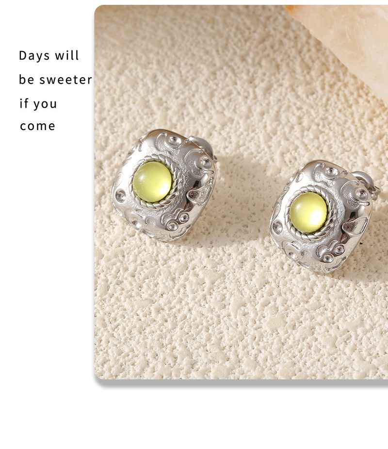 Vintage Square Earrings Threaded Green Glass Earrings Court Style Open Ring Set_voghion.com