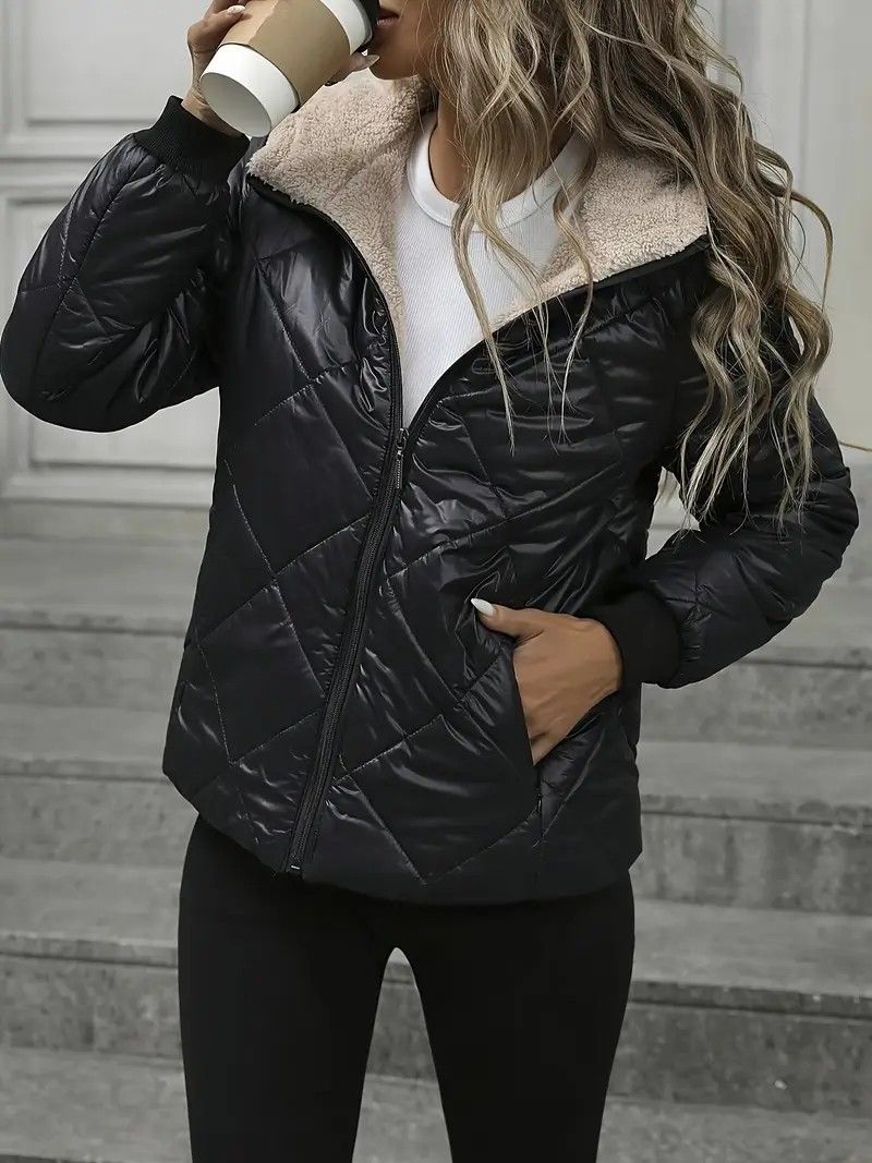 Trendy gewatteerd gewatteerd jack met diamantmotief – korte, oversized pasvorm, capuchonjas met rits voor dames (S-XL, zwart, streetwear en casual stijl)_voghion.com