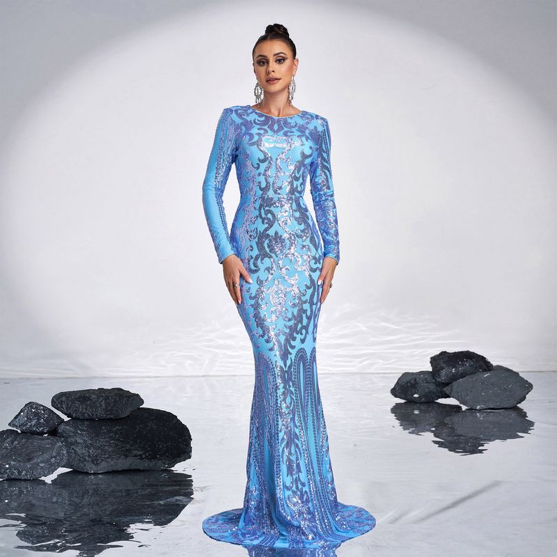 Damenbekleidung High-End Langarm Temperament Rundhalsausschnitt Sexy Lange Pailletten Bankett Abendkleid Brautjungfernkleid_voghion.com