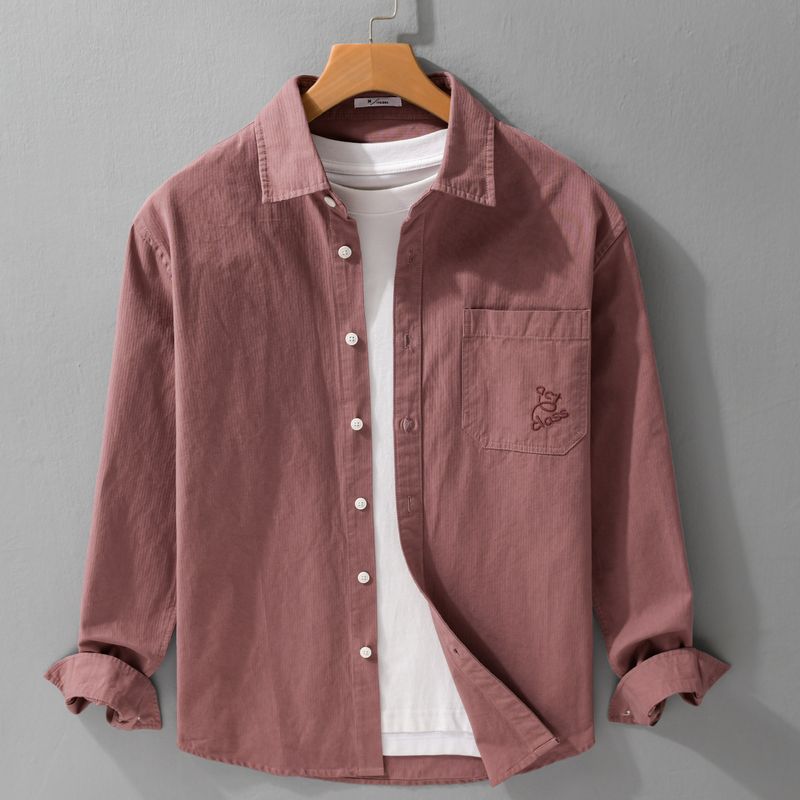 Camicia da uomo ampia a maniche lunghe con risvolto, ricamo casual retrò, popolare top da uomo in puro cotone_voghion.com