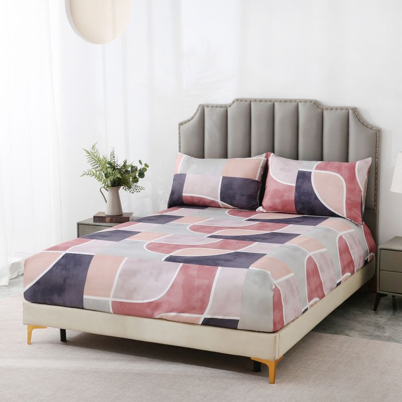 Geometrisches, rosafarbenes Spannbettlaken-Set aus Polyester mit 3D-Druck und abstraktem Design für Twin-, Full-, Queen- und Kingsize-Betten_voghion.com
