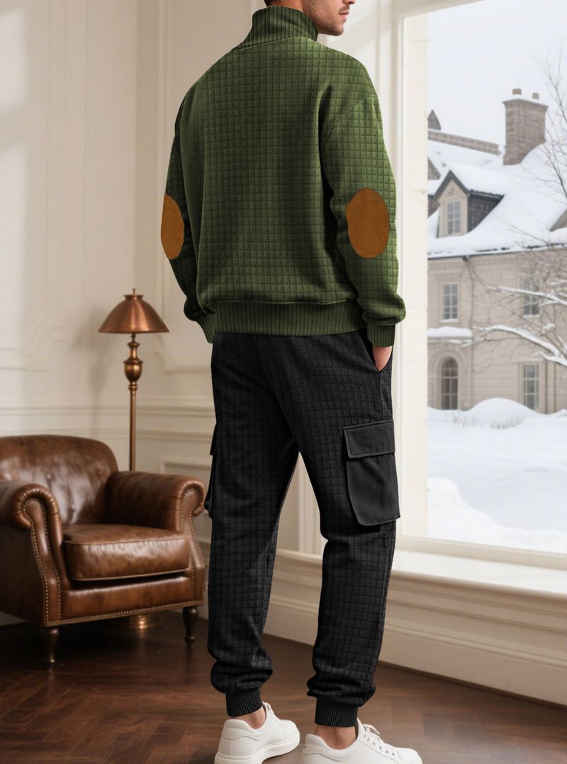 Conjunto de sudadera con capucha y joggers de punto a cuadros para hombre: 2 piezas, estilo informal de negocios, 100 % poliéster, resistente a las arrugas y transpirable._voghion.com
