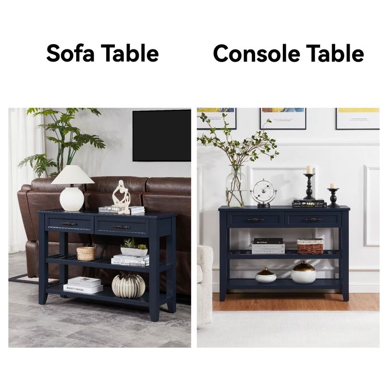 Retro Design Console Table With Two Open Shelves, Pine Solid Wood Frame And Legs For Living Room_voghion.com