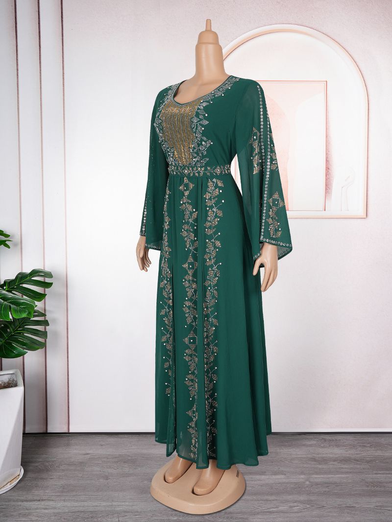 Elegantes Langarm-Maxikleid mit Strassverzierung, schlichtes muslimisches Abendkleid für Damen, A-Linien-Abendkleid in Übergröße (Grün/Violett/Schwarz)_voghion.com