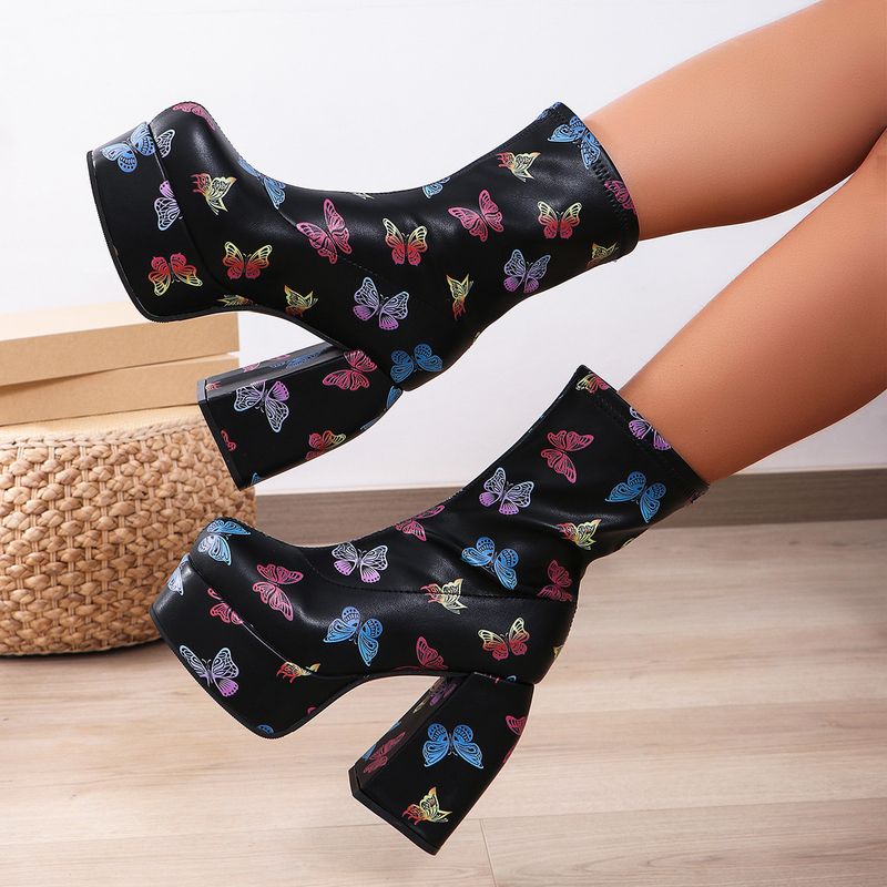 Women's Chunky Heel Pumps denim short boots women's square head waterproof platform high heel fashionable thick bottom women's boots_voghion.com