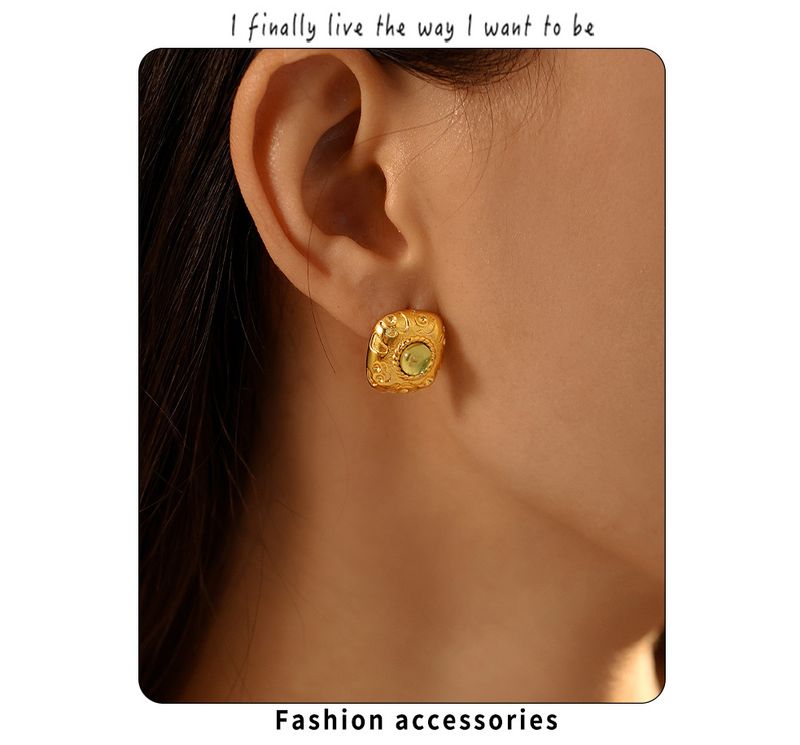 Vintage Square Earrings Threaded Green Glass Earrings Court Style Open Ring Set_voghion.com