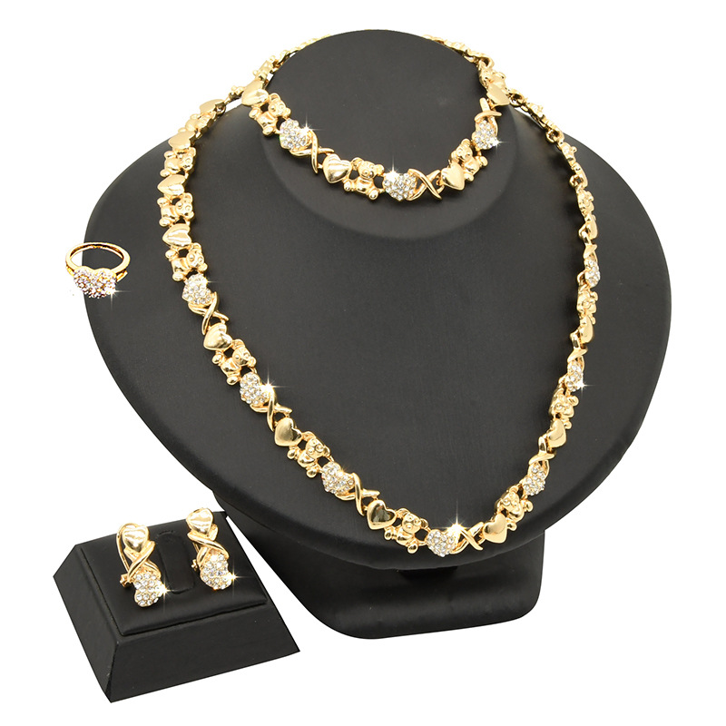 Guld hjärta smycken set brud smycken halsband ring örhängen armband grossist_voghion.com