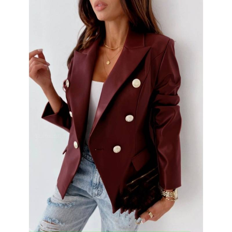 Giacca piccola da donna, stile nuovo, alla moda, a maniche lunghe, doppiopetto, in similpelle_voghion.com