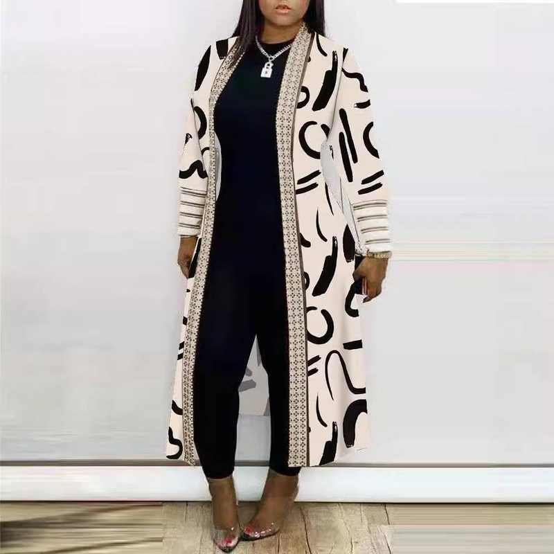 Women's Clothing black fashion style casual printing long sleeved splicing mid length cardigan jacket women's clothing_voghion.com