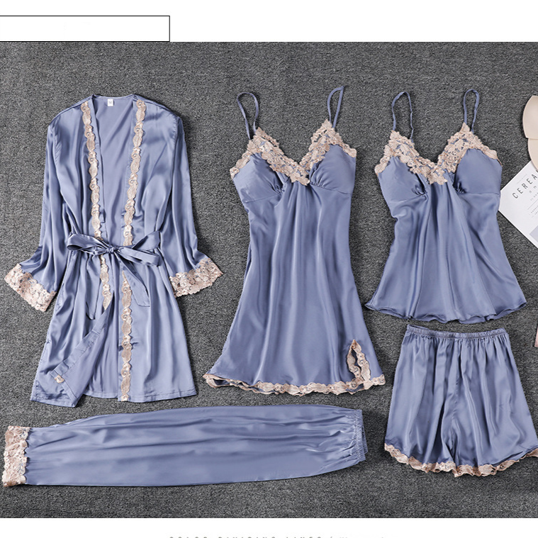 Lente- en zomerpyjama's voor dames, set van vijf stuks, ijszijde, dunne sexy nachtjapon, slingzijden riem, borstkussen, vier seizoenen, thuiskleding_voghion.com