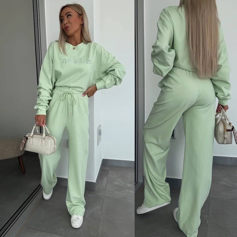 Abbigliamento da donna, completo primaverile, tinta unita, scollo tondo, manica lunga, maglione con ricamo a lettere, pantaloni con lacci, set da due pezzi_voghion.com