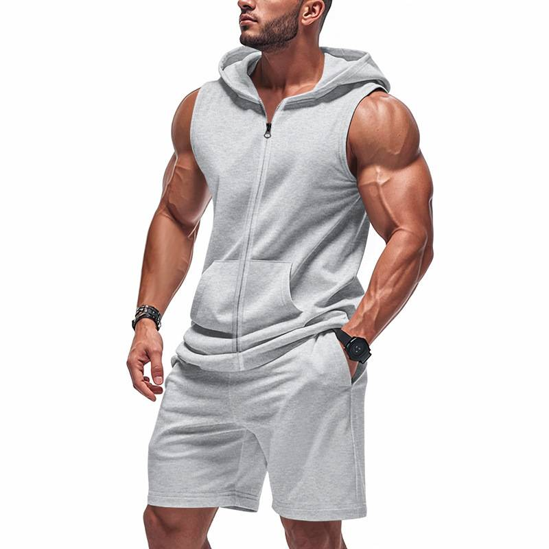 Summer New Zipper Hooded Relaxed Breathable Sports Fiess Casual Vest Shorts Men's Suit_voghion.com
