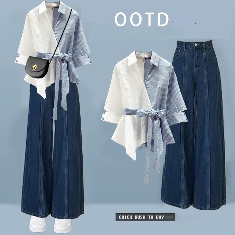 Women's Clothing Summer Plus Size Fashion Outfit For Women New Style Personality Chic Irregular Splicing Shirt Jeans Two Piece Suit_voghion.com