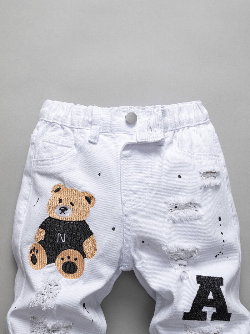 Calça jeans masculina com bordado de letras de urso branco, moda casual, simples, estilo universitário, rasgada, desbotada_voghion.com