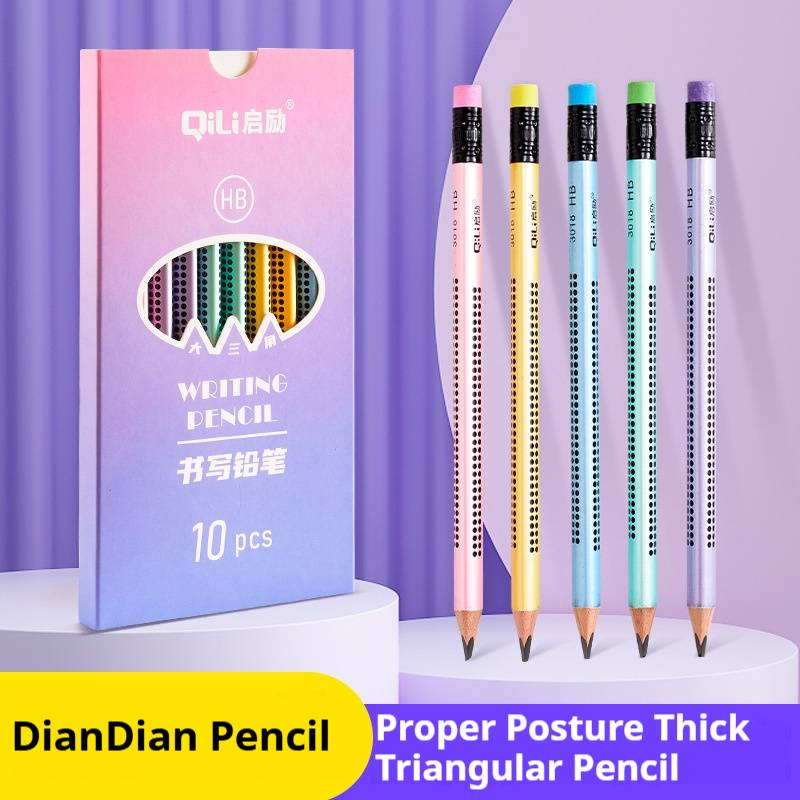 Qili Kinderstifte – Bleistifte mit dreieckigem Griff und Punkten zum Üben der Handschrift, rutschfestes Design, 10er-Pack, HB-Graphit, Holzgehäuse_voghion.com