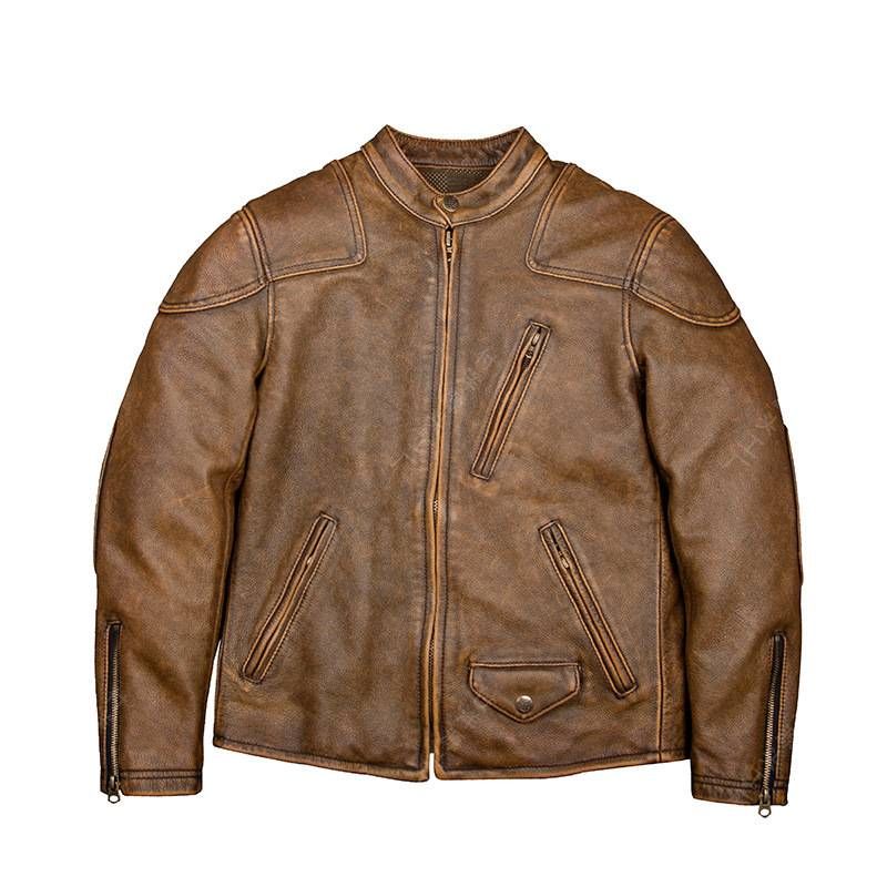 Vintage Venom Motorcycle Leather Jacket For Men - Distressed Brown Faux Leather Biker Coat With Stand Collar & Zipper Closure_voghion.com